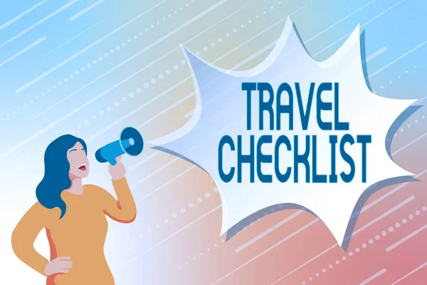テキストの手書き旅行チェックリスト。予定されている旅行のためにチェックまたは実行されるもののリスト現代のデータ処理方法、オンライン記事の入力と編集 — ストック写真