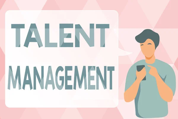 Text caption presenting Talent Management. Business concept anticipation of required human capital for an organization Man Illustration Using Mobile And Displaying Speech Bubble Conversation. — Stock Photo, Image