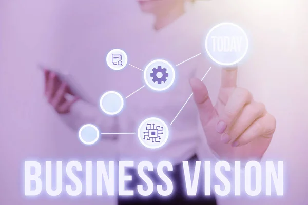 Hand writing sign Business Vision. Business approach description of what an organization would like to achieve Lady Holding Tablet Pressing On Virtual Button Showing Futuristic Tech. — Stock Photo, Image