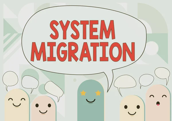 Konzeptionelle Bildunterschrift Systemmigration. Schaufenster für Unternehmen, die sich von der Nutzung eines Betriebsumfelds zu einem anderen bewegen Cartoon Heads Drawing Drawing With Speech Bubble Showing Conversation. — Stockfoto