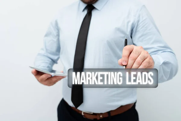 Text sign showing Marketing Leads. Concept meaning person who shows interest in the brand or products Presenting New Technology Ideas Discussing Technological Improvement — Stock Photo, Image