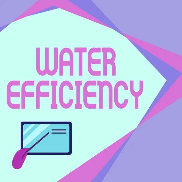 水効率を示すテキストキャプション。ビジネスショーケースでは、必要な水の量を測定することにより、水の無駄を削減します。. — ストック写真