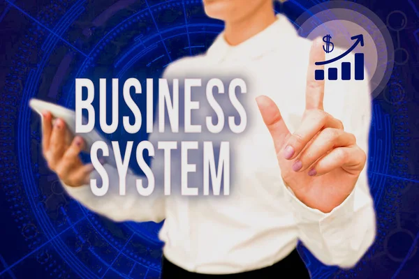 Tekst met inspiratie Business System. Bedrijfsoverzicht leveringsmechanisme voor het leveren van specifieke goederen aan klanten Lady In Uniform Standing Hold Phone Virtual Press Button Futuristic Tech. — Stockfoto