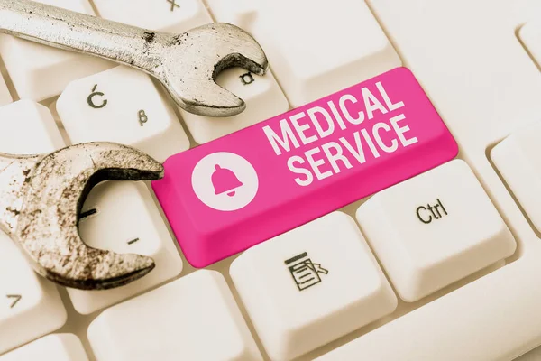 Hand writing sign Medical Service. Business idea treat illnesses and injuries that require medical response Computer Engineering Concept, Abstract Repairing Broken Keyboard — Stock Photo, Image