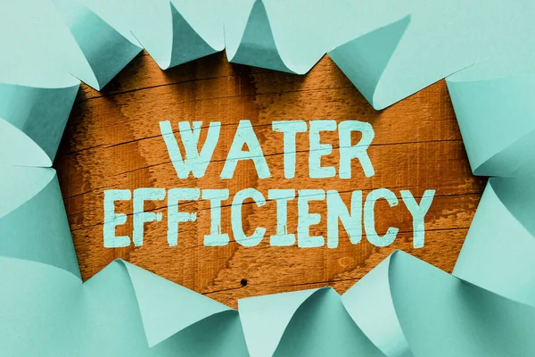テキストを表示する書き込み水効率。ビジネスショーケースでは、必要な水の量を測定することで水の無駄を削減解決策のための新しいアイデアやインスピレーションをブレークスルー問題 — ストック写真