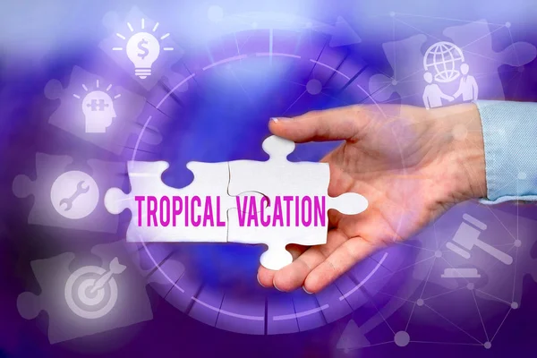 Legenda conceitual: Tropical Vacation. Abordagem de negócios tirar férias em países de ambos os lados do equador Hand Holding Jigsaw Puzzle Piece Desbloquear Novas Tecnologias Futuristas. — Fotografia de Stock