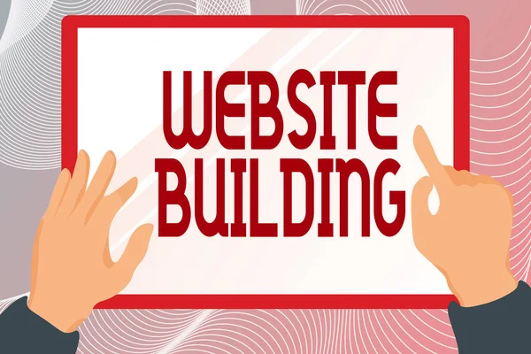 Teken het weergeven van Website Building. Zakelijke aanpak tools die typisch toestaan dat de bouw van websites Hands Illustration Holding Drawing On Tablet Scree Toont informatie. — Stockfoto