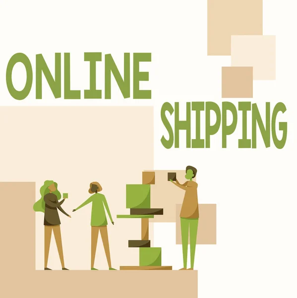 Text caption presenting Online Shipping. Conceptual photo the act or manner of delivering something through the net Three Colleagues Standing Helping Each Other With Building Blocks. — Stock Photo, Image