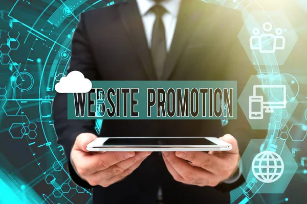 Conceptual display Website Promotion. Business overview increase exposure of a website to bring more visitors Man In Office Uniform Holding Tablet Displaying New Modern Technology. — Stock Photo, Image