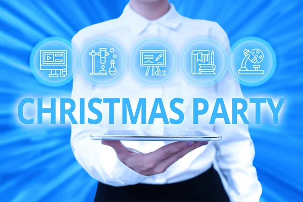 Conceptual caption Christmas Party. Business overview annual festival commemorating the birth of Jesus Christ Lady Uniform Standing Tablet Hand Presenting Virtual Modern Technology — Stock Photo, Image