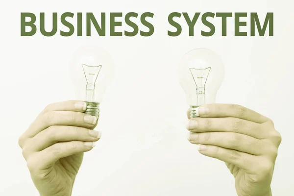Text caption presenting Business System. Business showcase delivery mechanism for providing specific goods to customers two Hands holding lamp showing or presenting new technology ideas — Stock Photo, Image