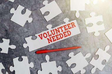 Gönüllüye ihtiyaç olduğunu gösteren mesaj işareti. Eksik Son Parçası Olan Tamamlanmamış Bir Beyaz Yapboz Yapboz Yapılandırması Yapımı Hakkında Yazılan Sözcük