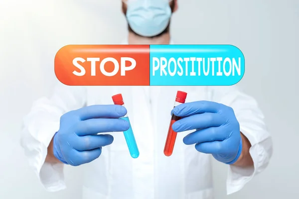 Текст с надписью "Остановить проституцию". Бизнес-подход положить конец привлекательной сексуальной активности в обмен на оплату Исследование ученый Сравнение различных образцов, доктор отображения лечения — стоковое фото