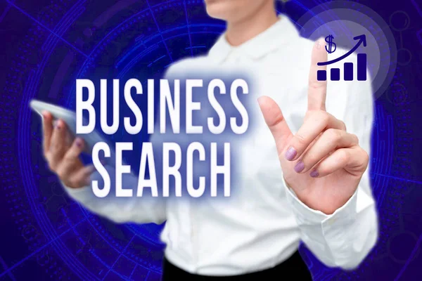 Text caption presenting Business Search. Word for the act of looking for valuable information about a company Lady In Uniform Standing Hold Phone Virtual Press Button Futuristic Tech. — Stock Photo, Image