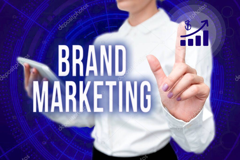 Writing displaying text Brand Marketing. Conceptual photo creating a name that identifies and differentiates a product Lady In Uniform Standing Hold Phone Virtual Press Button Futuristic Tech.