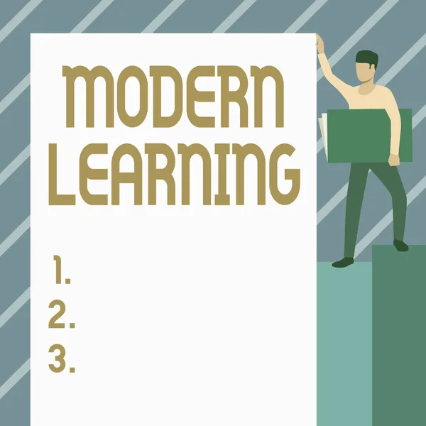 Pokaz koncepcyjny Modern Learning. Koncepcja oznacza elastyczną i zwinną konfigurację Innowacyjne środowisko uczenia się Człowiek stojący niosący duży notatnik podczas wyświetlania Big Whiteboard. — Zdjęcie stockowe