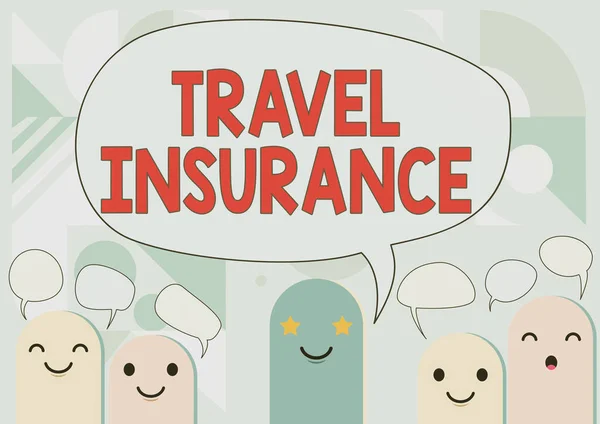 Sign displaying Travel Insurance. Business overview covers the costs and losses associated with traveling Cartoon Heads Drawing Drawing With Speech Bubble Showing Conversation. — Stock Photo, Image