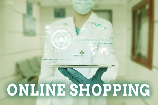 手書きサインオンラインショッピング。インターネットの概念の消費者は医療未来技術を示す均一な立ち位置のタブレットの販売人からの商品を直接買う. — ストック写真
