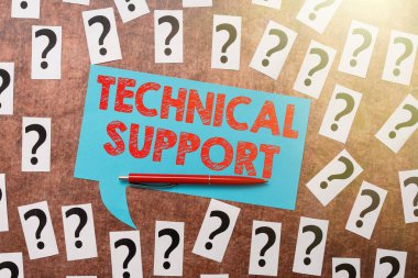 El yazısı tabelası Teknik Destek. Belirsiz Düşünceleri Sorgulayan, Çözümlenemeyen Sorunları Tartışan bir donanım veya yazılım şirketi tarafından sağlanan hizmet için sözcük