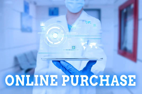 オンライン購入を示すテキスト記号。ビジネスアイデア消費者は、医療未来論的技術を示す統一立ち位置のタブレットでインターネット上の売り手から直接商品を購入します. — ストック写真
