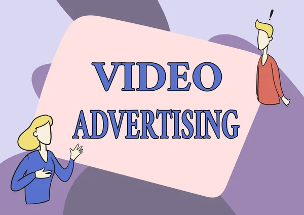 Handwriting text Video Advertising. Business overview encompasses online display advertisements that have video Lady Illustration Having Exploratory Conversation With Her Colleague.