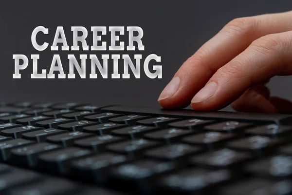 Text caption presenting Career Planning. Conceptual photo individual s is lifelong process of setting up personal career Hands Pointing Pressing Computer Keyboard Keys Typewriting New Ideas.