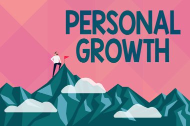 Kavramsal manşet Kişisel Büyüme. Amaçlara ulaşma ve ulaşma, sıkı çalışma kavramlarının sonucu olarak kişinin kendisini anlama ve geliştirme sürecine ilişkin iş görüşleri