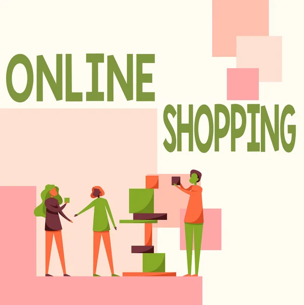 Conceptuele weergave Online winkelen. Internet Concept consumenten kopen rechtstreeks goederen van een verkoper via het internet Drie collega 's staan elkaar te helpen met bouwstenen. — Stockfoto