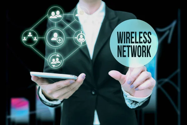 Text sign showing Wireless Network. Concept meaning computer network that uses wireless data connections Lady In Uniform Holding Phone Pressing Virtual Button Futuristic Technology. — Stock Photo, Image