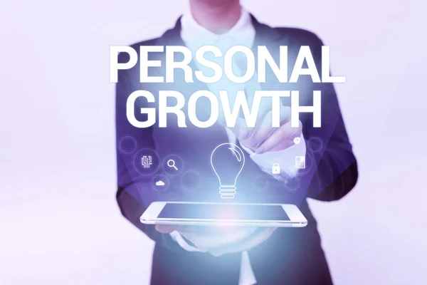 Inspiration showing sign Personal Growth. Internet Concept ongoing process of understanding and developing oneself Woman In Uniform Holding Mobile Phone Showing Futuristic Virtual Icons — Stock Photo, Image