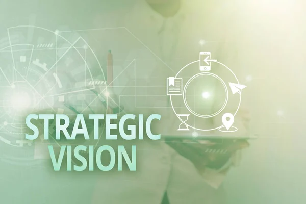 Text caption presenting Strategic Vision. Business showcase clarifies the direction the organisation needs to move Woman In Uniform Standing Holding Tablet Showing Futuristic Interface. — Stock Photo, Image