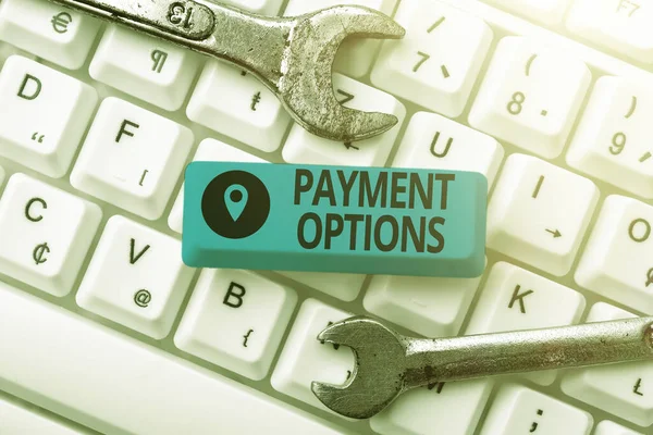 Text sign showing Payment Options. Word Written on ways that a customers can pay for the goods and services Abstract Sending Multiple Messages Online, Typing Group Lessons — Stock Photo, Image
