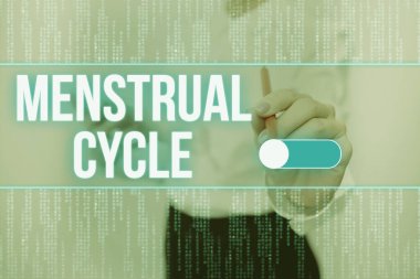 İlham, adet döngüsünü gösteriyor. İş yaklaşımı yumurtalıklarda ve rahimde aylık değişim döngüsü Üniformalı Kadın Bekleme Tableti Yazma Futuristik Teknolojileri.