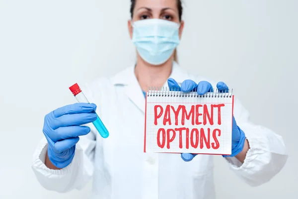 Text showing inspiration Payment Options. Word Written on ways that a customers can pay for the goods and services Studying Newly Discovered Medication Analyzing Medicine Discovery — Stock Photo, Image