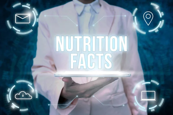 Szöveges felirat a Táplálkozási Tényekről. Szó részletes információt egy élelmiszer s tápanyag-tartalom Lady Uniform álló tabletta kéz bemutatása Virtuális modern technológia — Stock Fotó