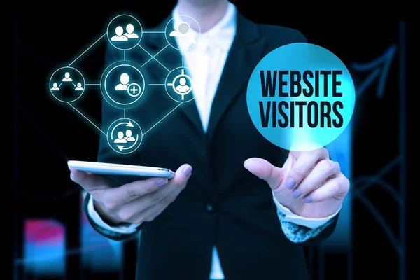 Sign displaying Website Visitors. Business showcase someone who visits views or goes to your website or page Lady In Uniform Holding Phone Pressing Virtual Button Futuristic Technology. — Stock Photo, Image