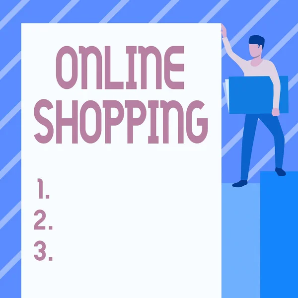 Sign displaying Online Shopping. Word Written on consumers directly buy goods from a seller over the Internet Man Standing Carrying Large Notebook While Showing Big Whiteboard. — Stock Photo, Image