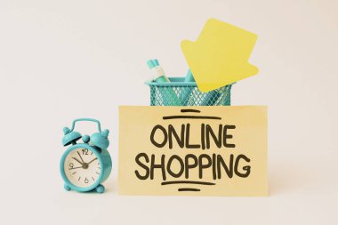 Kavramsal başlık Çevrimiçi Alışveriş. İş fikri tüketicileri, İnternet Düzenli Çalışma Alanı Düzenleme Masa Aletleri ve Eşitlik Zamanı Yönetimi üzerinden doğrudan bir satıcıdan mal satın alır