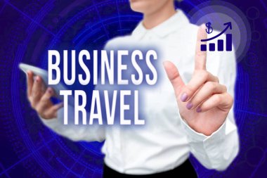 İş seyahatini gösteren bir işaret. Üniformalı Bekleme Telefonu Sanal Basın Düğmesi Futuristik Teknoloji Şirketi adına bir ya da daha fazla yere iş gezisi.