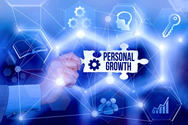 Writing displaying text Personal Growth. Internet Concept ongoing process of understanding and developing oneself Hand Holding Jigsaw Puzzle Piece Unlocking New Futuristic Technologies. — Stock Photo, Image