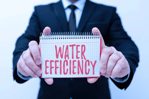 Schreiben von Textanzeigen Wassereffizienz. Internet-Konzept zur Verringerung der Wasserverschwendung durch Messung der benötigten Wassermenge Vorstellung neuer Pläne und Ideen zur Demonstration des Planungsprozesses — Stockfoto