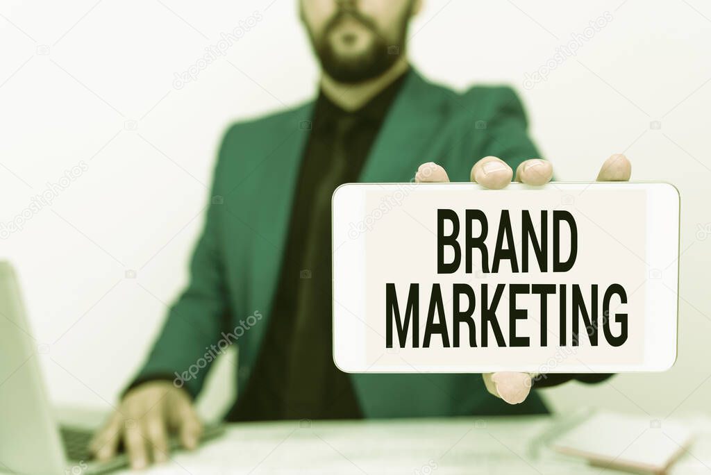 Text sign showing Brand Marketing. Business overview creating a name that identifies and differentiates a product Tech Guru Selling Newly Developed Device, Teacher Confiscating The Phone