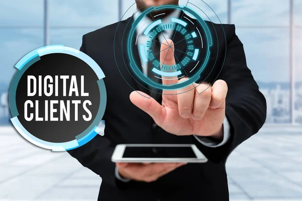 Conceptual display Digital Clients. Concept meaning use digital channels to consume content or engage with brand Man In Uniform Standing Holding Tablet Typing Futuristic Technologies. — Stock Photo, Image