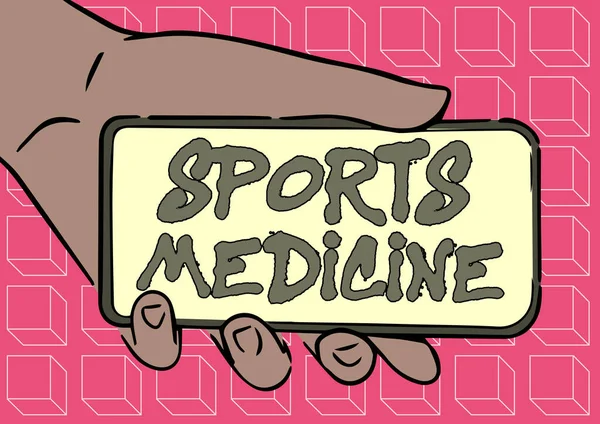 スポーツ医学が表示されます。事業概要スポーツに関連する怪我の治療・予防成人向けハンドイラスト保有モバイル画面上に新技術を表示. — ストック写真