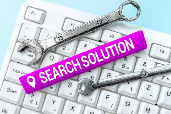 Tekst weergeven Search Solution. Business concept een actie of proces van het vinden van een oplossing voor een probleem Typen en publiceren Beschrijvingen Online, Schrijven Informatieve Gegevens — Stockfoto