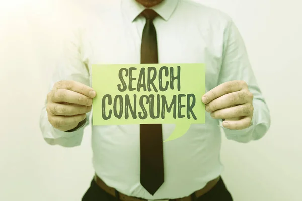 Texto de pie de foto que presenta Search Consumer. Investigación de ideas empresariales sobre las preferencias y el comportamiento de los consumidores en un mercado Presentación de nuevos planes e ideas Demostración del proceso de planificación —  Fotos de Stock