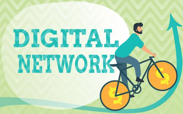 Zeichen, die digitales Netzwerk anzeigen. Internet-Konzept Netzwerk mit digitaler Vermittlung und Übertragung Mann zeichnet Fahrrad mit Dollar-Zeichen Räder nach oben. — Stockfoto