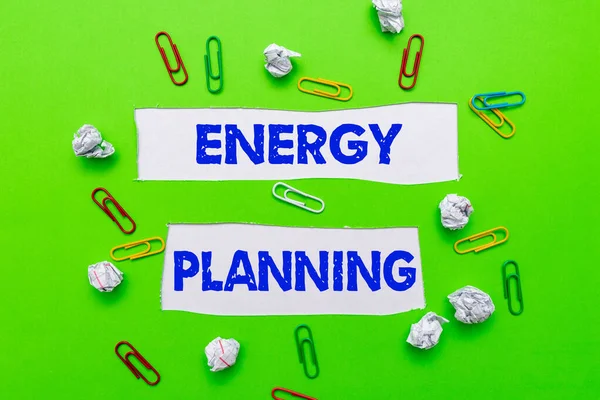 Skriva visa text Energiplanering. Word för att göra en strategi och plan för konsumtion av energi Bilda nya tankar Avslöja nya idéer acceptera förändringar — Stockfoto