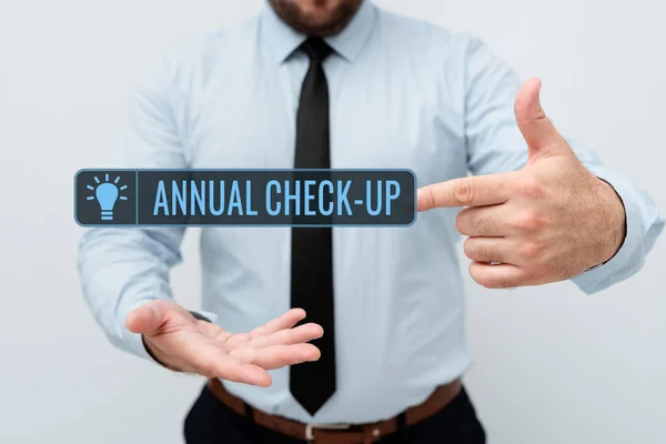 Inspiração mostrando sinal Anual Check Up. Conceito que significa um exame médico físico completo realizado todos os anos Apresentando novos planos e ideias Demonstrando processo de planejamento — Fotografia de Stock