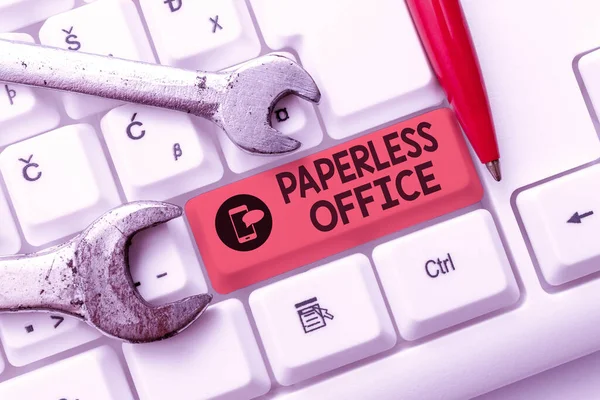 Szöveg megjelenítése Paperless Office. Szó a munkakörnyezet, amelyben a papír használata megszűnik Kapcsolódás az Online Barátok, ismerősök az interneten — Stock Fotó